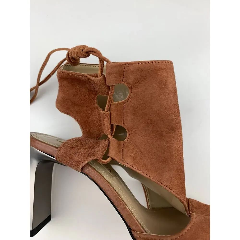 BCBGMaxAzria Brown Suede Heels Booties Open Toe Tassel Lace Up Women's 36 US 6